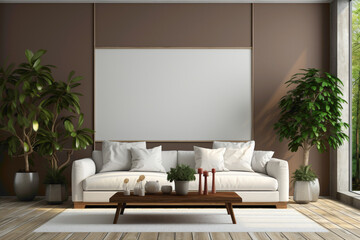 Immerse yourself in the elegance of this living room, complete with a stylish sofa and a blank empty white frame, creating a perfect canvas for copy text or graphics.