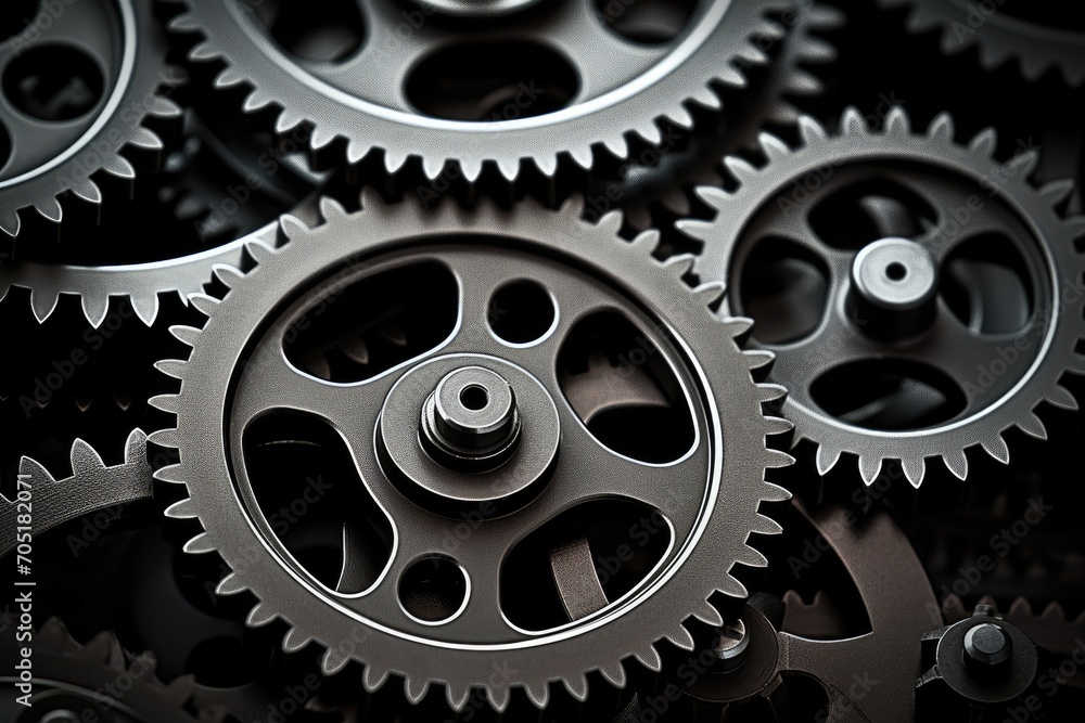 Poster retro black and white background of industrial cogs or gears with movement