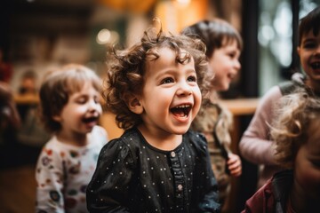 Group of happy toddlers playing in kindergarten - obrazy, fototapety, plakaty