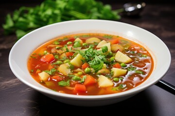 Homemade vegetable soup on white plate