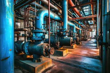 Industrial boiler interior with lots of pipes, pumps and valves.