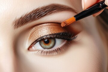 Naklejka premium Makeup. Woman Make-up Applying closeup. Eyeliner. Cosmetic Eye shadows. Eye line brush for Make up. Beauty Girl with Perfect Skin.