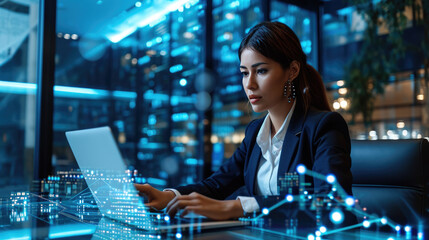 Woman is working intently on a laptop in a dark office environment, surrounded by glowing digital graphics and interface elements