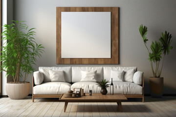 Picture a blank canvas awaiting your artistic touch. Envision an empty frame in a simple living room mockup, providing the perfect space to infuse your personal style in a tranquil setting.