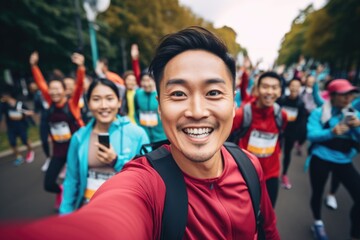 Smiling young man taking selfie during city marathon