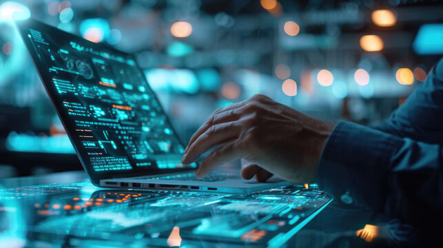 Close-up of a person's hands typing on a laptop keyboard, with the screen displaying futuristic digital data graphics