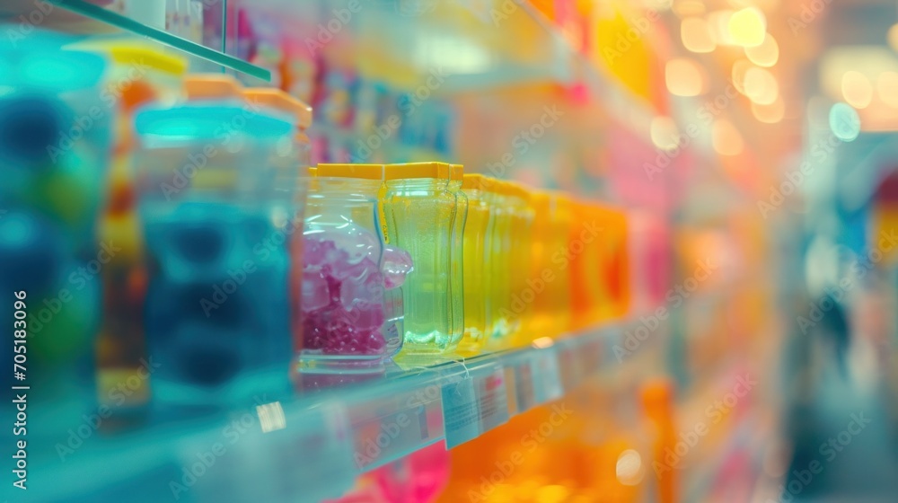 Poster a row of colorful candies on a shelf in the store, ai