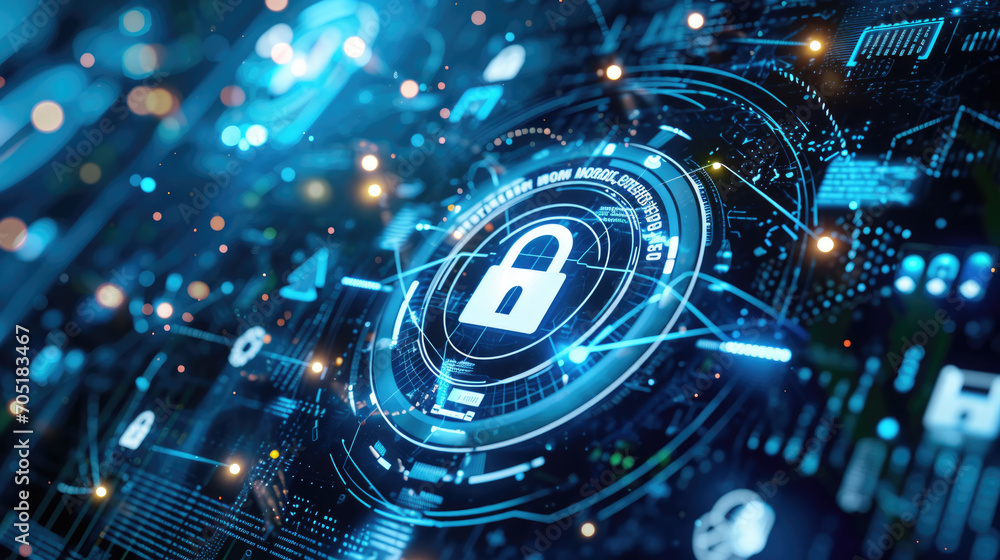 Poster padlock icon within a complex interface of cyber security network lines and glowing dots, symbolizin