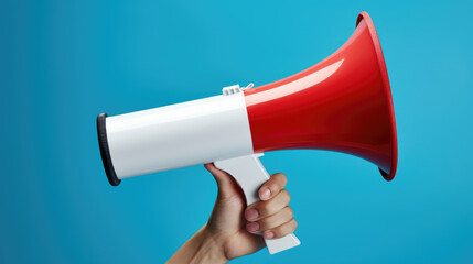 Person's hand holding a red and white megaphone against a teal blue background.