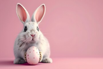 Easter bunny rabbit with easter egg on pink background.