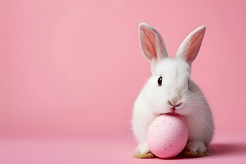 Easter bunny rabbit with easter egg on pink background.