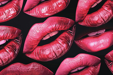 Prints of pink lips on a black background, background of kisses. - obrazy, fototapety, plakaty