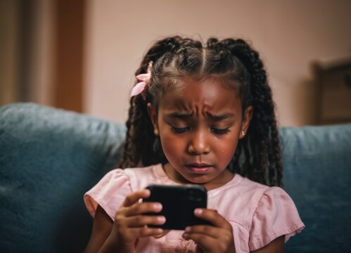 sad little black girl crying looking at smartphone