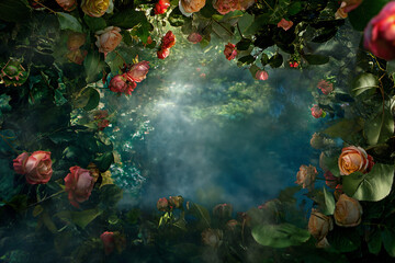 fantasy floral frame in the woods. lush jungle with fantasy flowers. Glowing background mist with...