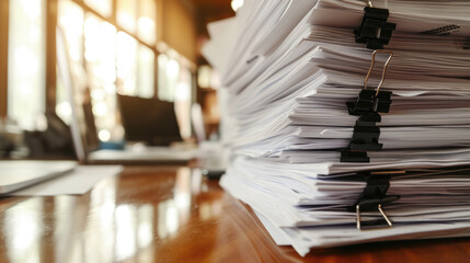 Close-up of a large stack of paperwork with binder clips on a wood desk - obrazy, fototapety, plakaty