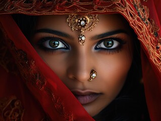 Stunning Indian bride face,  red saree