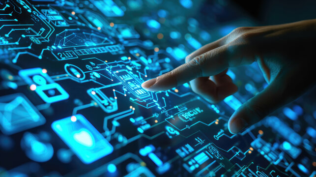 Close-up of a human hand interacting with a futuristic holographic interface featuring various digital icons related to cybersecurity and technology.
