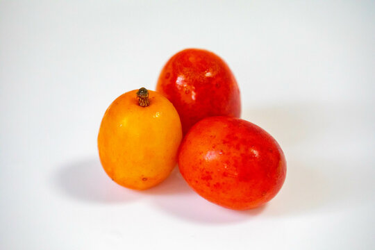 Ripe fruit of siriguela, seriguela, ceriguela or ciriguela (Spondias purpurea). Typical of the hot regions of Brazil