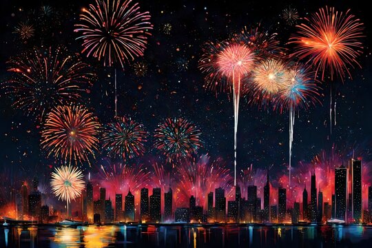 Spectacular explosions of light punctuate the festive darkness, as fireworks paint a breathtaking canvas in the night sky
