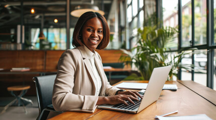 Woman smiling while working on a laptop in a bright and modern office environment