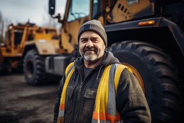 Smiling Portrait of a Construction Worker in Front of Heavy Machinery