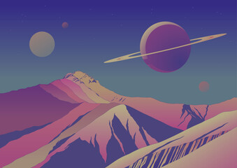 Extraterrestrial Landscape, Distant Planet Panorama, Alien Space Illustration, Mountains, Saturn