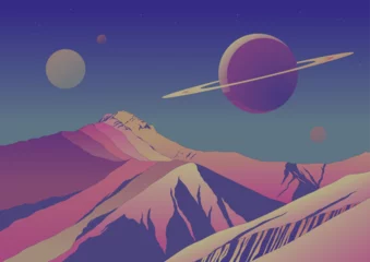 Foto auf Leinwand Extraterrestrial Landscape, Distant Planet Panorama, Alien Space Illustration, Mountains, Saturn © koyash07