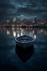 beautiful night landscape, rowboat in the sea and on the horizon the big city