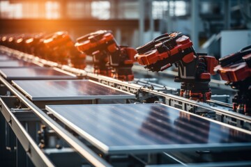 Robotic Arms Assembling Solar Panels in a High-Tech Factory - obrazy, fototapety, plakaty