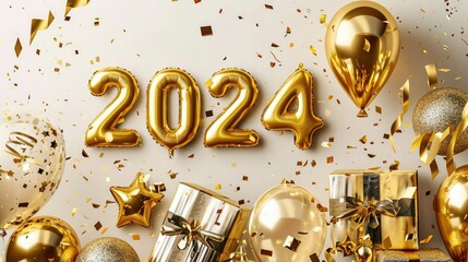 2024 golden balloons with gold confetti gifts, happy new year