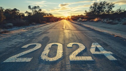 2024 text on the road, sunset background