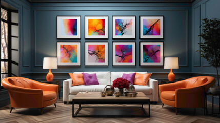A contemporary living room with a fresh and lively ambiance, enhanced by bright colors and a blank empty white frame for showcasing unique art or photography.