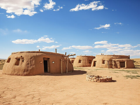 A picturesque desert landscape showcasing traditional adobe houses, capturing the natural beauty of the area.