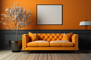 Picture a vibrant living room adorned with an orange sofa and a complementary table, all against an empty blank frame, ready for your text to make a statement.