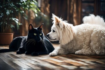 A heartwarming scene unfolds as a black cat and a white dog peacefully lie together on the floor, creating a tender moment of friendship - obrazy, fototapety, plakaty