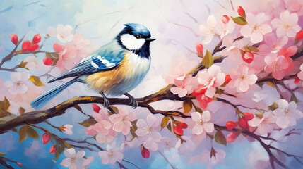 A bird sits on a branch of a pink cherry blossom. Drawing of a small bird sitting on a branch among cherry blossoms in pastel colors.