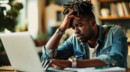 Man feeling stressed while working on his laptop. He has his head in hands, a pained expression on face, signifying a headache, frustration, or exhaustion. - obrazy, fototapety, plakaty