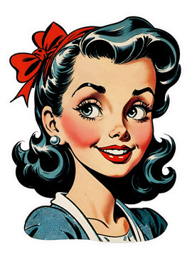 Vintage sticker, cartoon girl, pin up girl, 1950s, on transparent background.