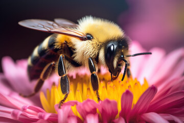 one bee on a pink flower collects pollen. close-up
