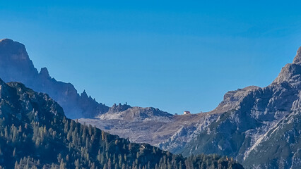 Scenic view of majestic mountain peaks of Tre Cime (Drei Zinnen) in untamed Sexten Dolomites, South...