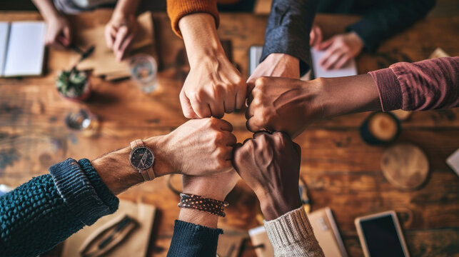 A team of professionals in a meeting showing unity by joining fists together in a circle, symbolizing collaboration and mutual support in a business or work environment.