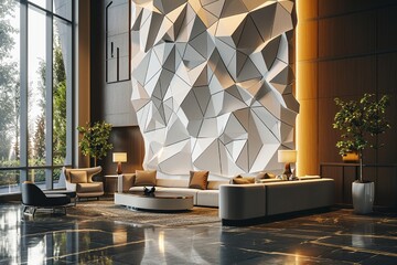 A hotel lobby with a large 3D geometric wall installation, setting a modern and welcoming tone with its intricate patterns and minimalist furnishings, captured in HD detail.