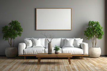 Picture the clean lines of minimalist living. See an empty frame in a simple living room mockup, inviting you to personalize your space with simplicity and elegance.