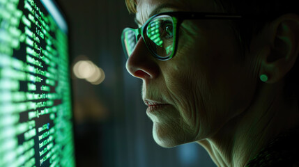 Close-up of a woman's face, with a focus on her eyes, which reflect a computer screen displaying data or code.