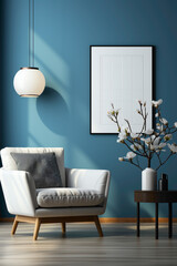 Picture the elegance of a white armchair in a modern living room against a bold blue wall, showcasing a mock-up poster with generous copy space. 