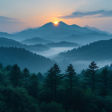 Mystical Sunset Peaks: Mountains in the Fog. Mountain view shrouded in fog at sunset. with Copy Space.