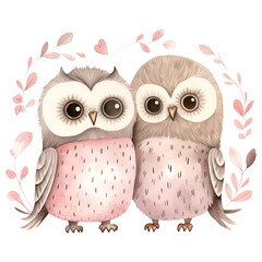 Kawaii Love Owl Couple, Valentine Watercolor Clipart