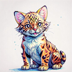 Cute Bengal Cat in Watercolor Illustration