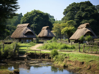 Fototapeta na wymiar A picturesque scene of rustic, traditional thatched-roof houses amidst a peaceful rural environment.