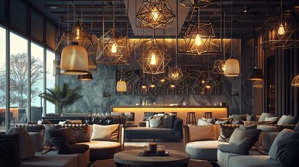 A hotel lounge area with suspended 3D geometric pendant lights, creating a warm and inviting...